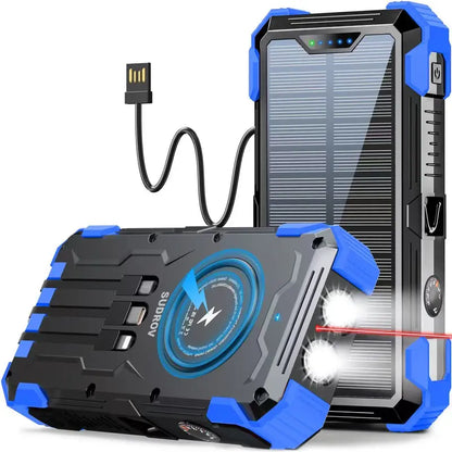Sudrov 42800Mah Solar Rechargeable Battery Power Bank Charger - 15W Fast Boost, Built-In 4 Cables, 7 Outputs, 3 Inputs, Wireless Charging, Dustproof, Dual Flashlights, Carabiner, Thermometer for Smartphones & Phone Accessories (Tiktok Shop Back to School)